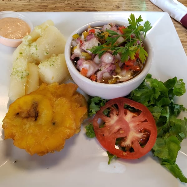 Puerto Rican meal with octopus salad, fried plantain, boiled yuca, and a side salad.